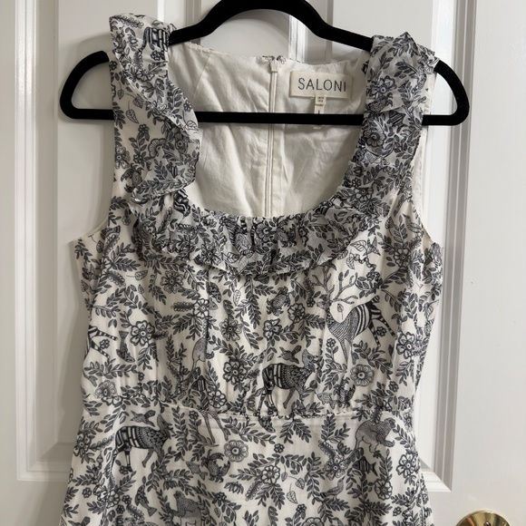 Saloni Misha Sleeveless Gret and White Toile Print Mini Sundress US 6 / UK 10 - Picture 3 of 9